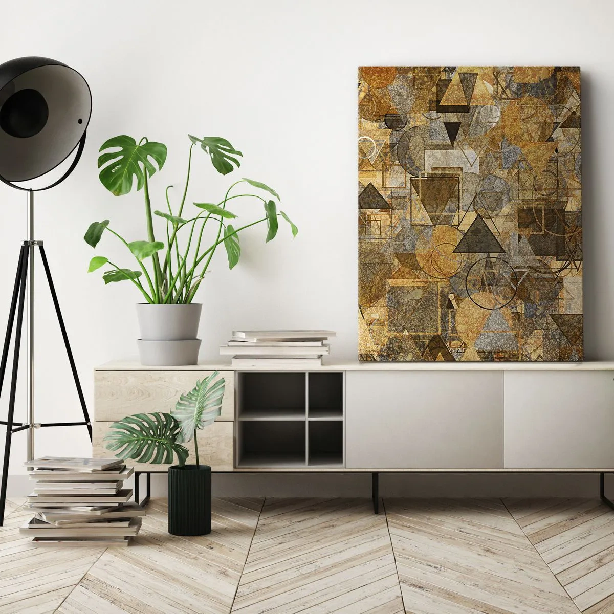 Cuadro sobre lienzo - Impresión de Imagen - Patrones geométricos abstractos en tonos dorados - 80x120cm - El mundo en formas - Decoración de pared moderna para salón y dormitorio ARTTOR