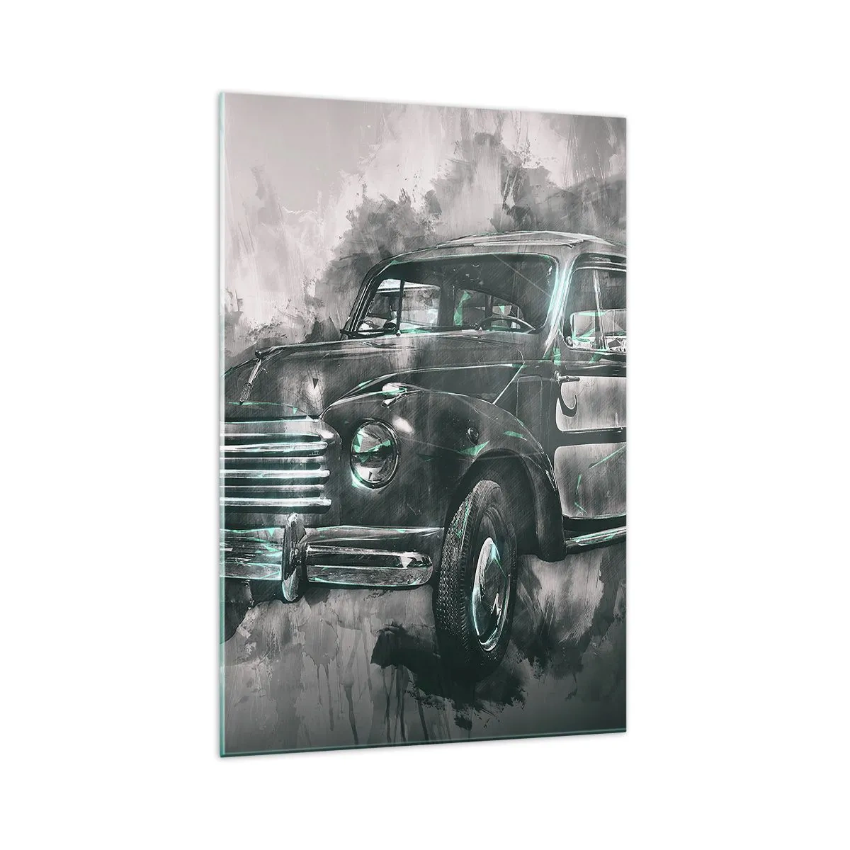 Cuadro sobre vidrio - Impresiones sobre Vidrio - Un coche retro clásico con un fondo artístico. - 70x100cm - Antepasado respetable - Decoración de pared moderna para salón y dormitorio ARTTOR