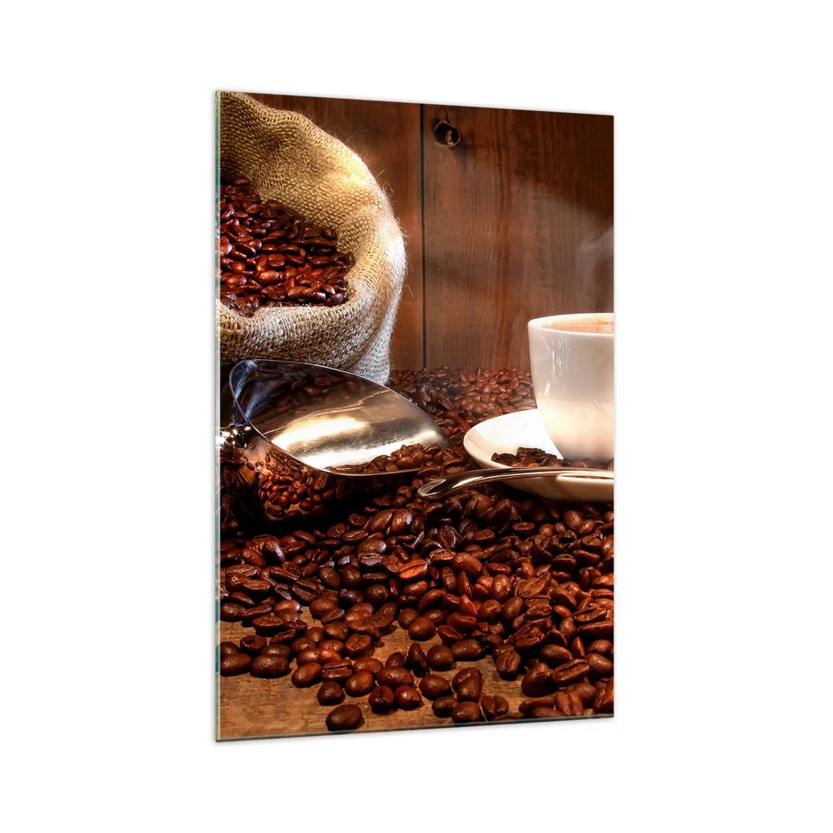 Cuadro sobre vidrio - Impresiones sobre Vidrio - Una taza de café con granos de café y una bolsa de granos al fondo. - 70x100cm - ¿Hueles eso? - Decoración de pared moderna para salón y dormitorio ARTTOR