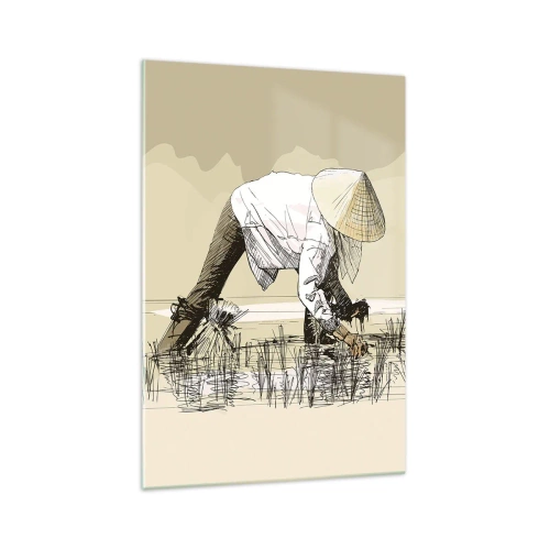 Cuadro sobre vidrio - Impresiones sobre Vidrio - Agricultores trabajando en un campo de arroz con sombreros tradicionales - 70x100cm - De una cosecha exitosa - Decoración de pared moderna para salón y dormitorio ARTTOR