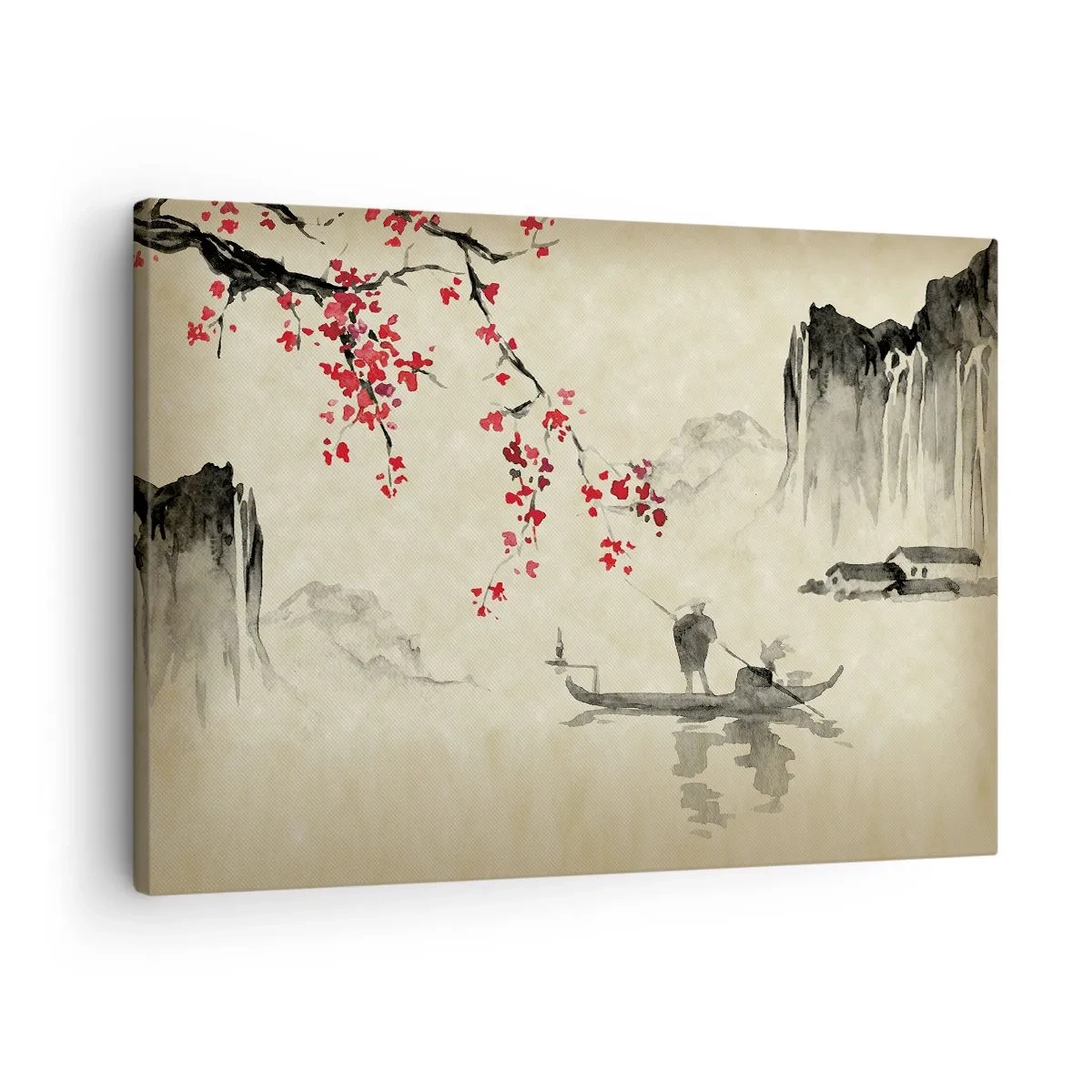 Cuadro sobre lienzo - Impresión de Imagen - Ilustración oriental con un barco y una rama floreciente. - 70x50cm - En el país de los cerezos en flor - Decoración de pared moderna para salón y dormitorio ARTTOR