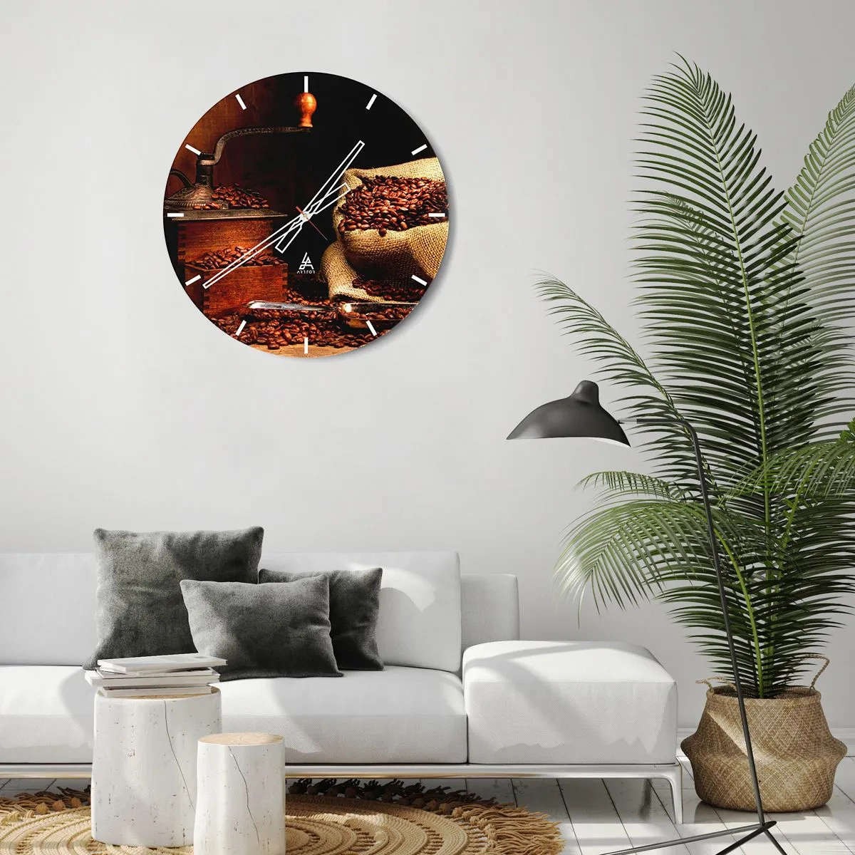 Reloj de pared - Reloj de vidrio - Bodegón con granos de café y molinillo - 30x30 cm