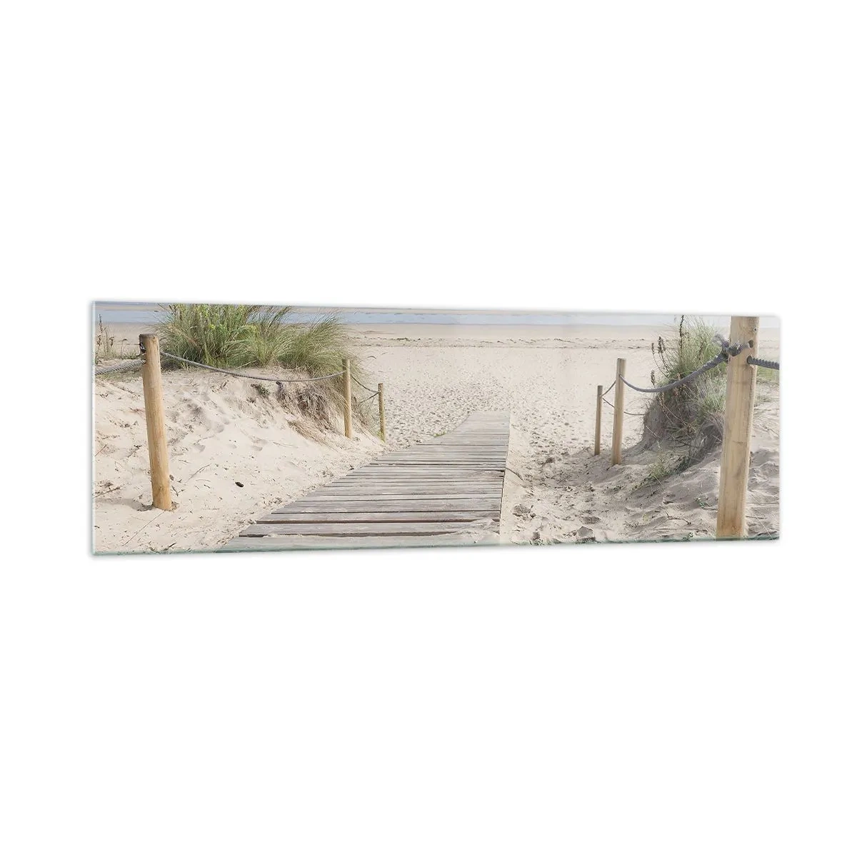 Cuadro sobre vidrio - Impresiones sobre Vidrio - Un camino de tablones que conduce a una playa de arena. - 160x50cm - Hasta el horizonte - Decoración de pared moderna para salón y dormitorio ARTTOR