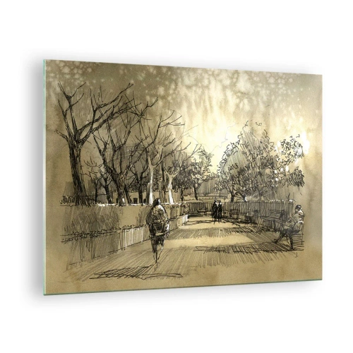 Cuadro sobre vidrio - Impresiones sobre Vidrio - Un dibujo de un parque con senderos y gente caminando. - 70x50cm - Un momento hecho a pluma - Decoración de pared moderna para salón y dormitorio ARTTOR