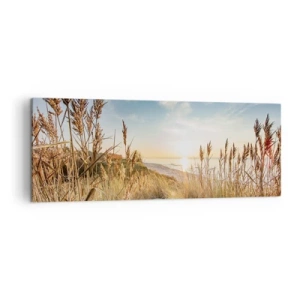 Cuadro sobre lienzo - Impresión de Imagen - Una playa pintoresca con césped y la puesta de sol. - 140x50cm - Playa del norte - Decoración de pared moderna para salón y dormitorio ARTTOR