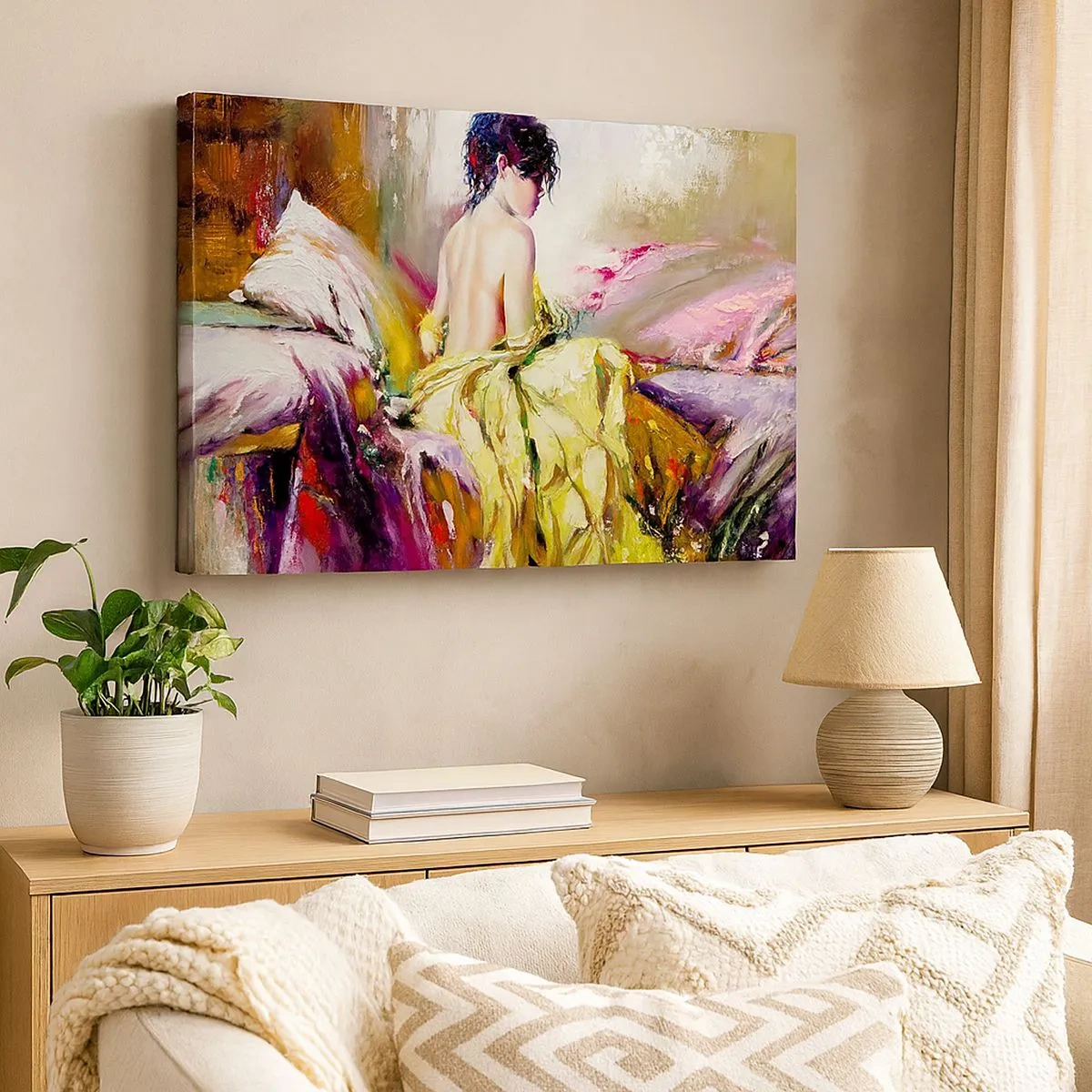 Cuadro sobre lienzo - Impresión de Imagen - Una escena pictórica de una mujer en una cama en una atmósfera romántica. - 70x50cm - La hermosura y frescura de la flor - Decoración de pared moderna para salón y dormitorio ARTTOR