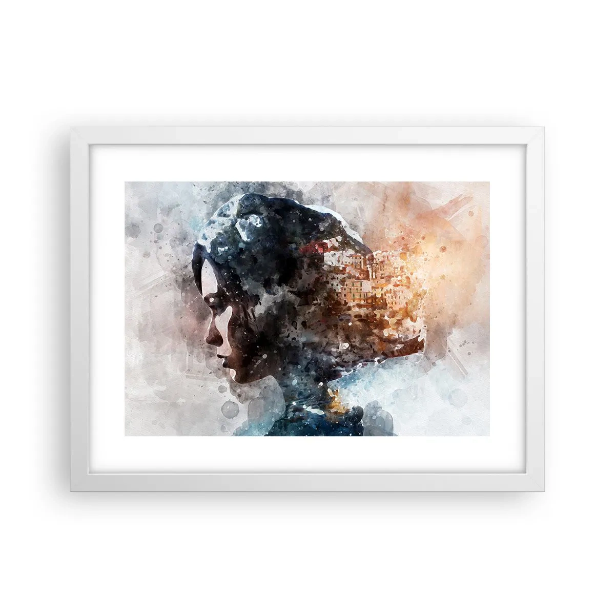 Póster en marco blanco - Una historia sobre una niña con una ciudad de fondo - 40x30 cm