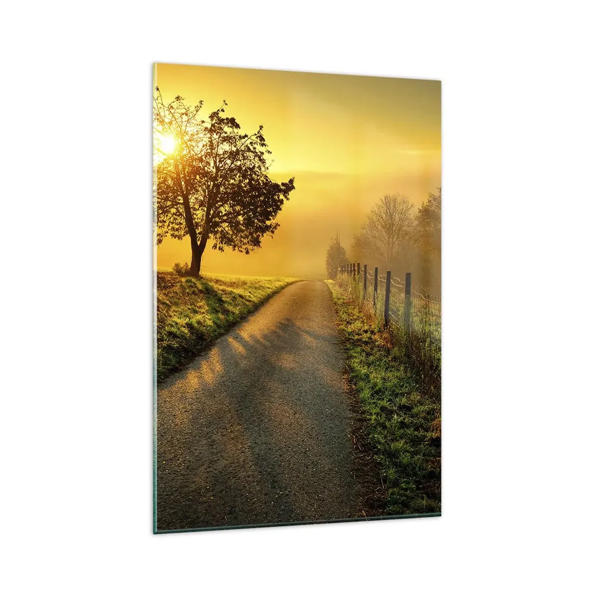 Cuadro sobre vidrio - Impresiones sobre Vidrio - Una pintoresca carretera al atardecer con un árbol solitario al fondo. - 80x120cm - Tarde melosa - Decoración de pared moderna para salón y dormitorio ARTTOR