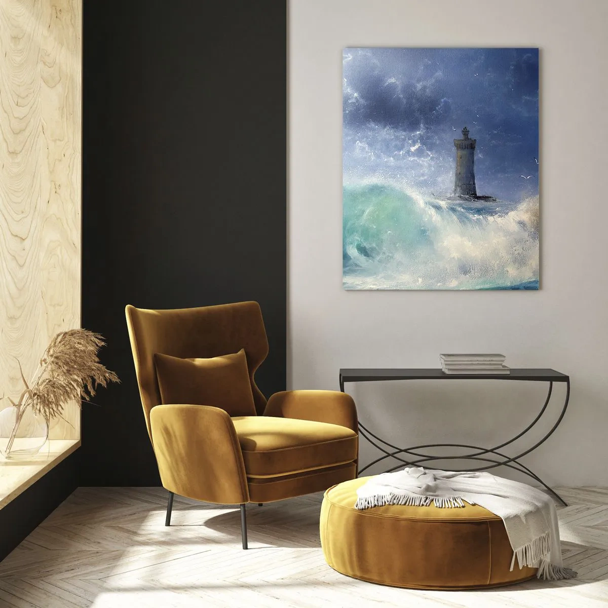 Cuadro sobre vidrio - Impresiones sobre Vidrio - Un faro rodeado de fuertes olas y nubes. - 80x120cm - En guardia contra los elementos - Decoración de pared moderna para salón y dormitorio ARTTOR