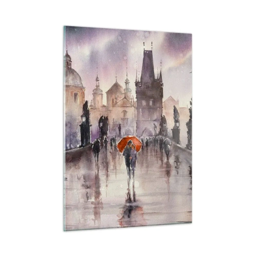 Cuadro sobre vidrio - Impresiones sobre Vidrio - Caminando bajo la lluvia por un puente con un paraguas naranja - 50x70cm - La gente no cambia - Decoración de pared moderna para salón y dormitorio ARTTOR