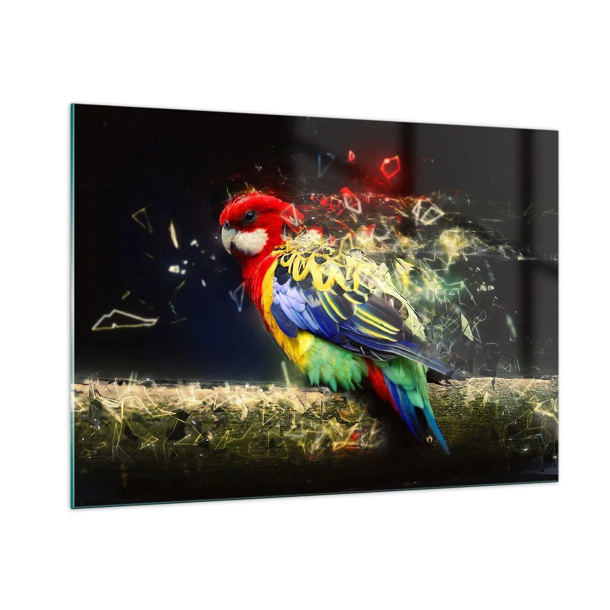 Cuadro sobre vidrio - Impresiones sobre Vidrio - Un loro colorido en una composición artística con efecto destrozado. - 100x70cm - Un mensajero del glamour - Decoración de pared moderna para salón y dormitorio ARTTOR