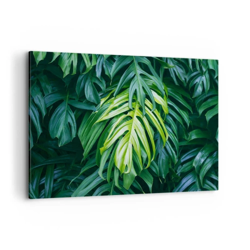 Cuadro sobre lienzo - Impresión de Imagen - Hojas verdes en un denso arreglo tropical. - 120x80cm - Sumérjase en la frescura - Decoración de pared moderna para salón y dormitorio ARTTOR