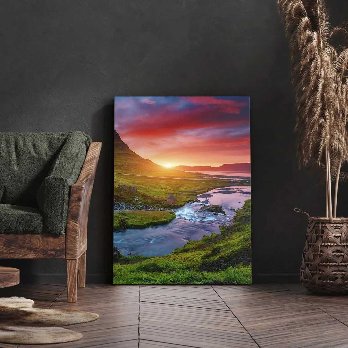 Cuadro sobre lienzo - Impresión de Imagen - Cascada pintoresca y montaña al atardecer - 50x70cm - Islandia - fuego y agua - Decoración de pared moderna para salón y dormitorio ARTTOR