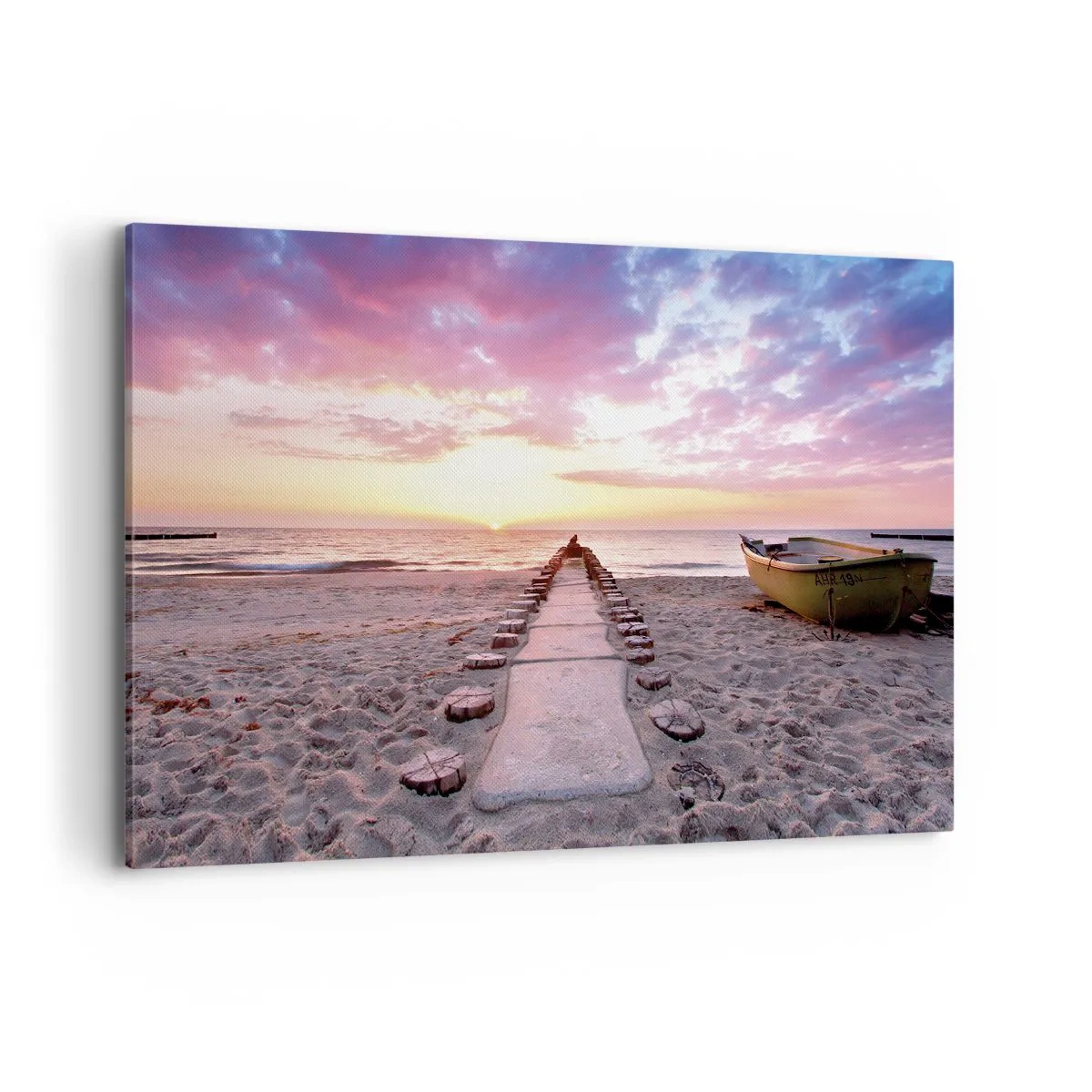 Cuadro sobre lienzo - Impresión de Imagen - Playa al amanecer con barco y muelle - 100x70cm - Un momento de profunda experiencia - Decoración de pared moderna para salón y dormitorio ARTTOR