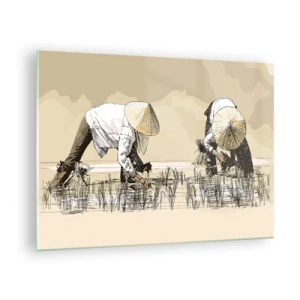 Cuadro sobre vidrio - Impresiones sobre Vidrio - Una ilustración minimalista de agricultores trabajando. - 70x50cm - De una cosecha exitosa - Decoración de pared moderna para salón y dormitorio ARTTOR