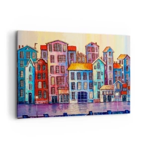 Cuadro sobre lienzo - Impresión de Imagen - Casas de vecindad coloridas junto al agua en un estilo artístico - 120x80cm - Una ciudad como un cuento de hadas - Decoración de pared moderna para salón y dormitorio ARTTOR