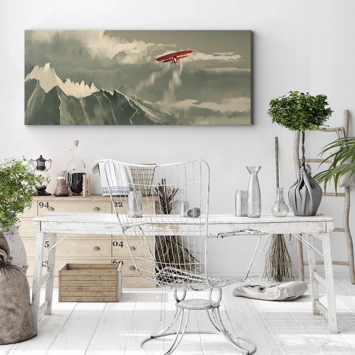 Cuadro sobre lienzo - Impresión de Imagen - Avión rojo sobre montañas nevadas - 160x50cm - Pionero sin miedo - Decoración de pared moderna para salón y dormitorio ARTTOR