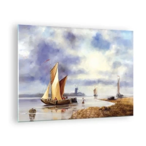 Cuadro sobre vidrio - Impresiones sobre Vidrio - Veleros en un lago tranquilo con molinos de viento al fondo - 70x50cm - El regreso de los marineros - Decoración de pared moderna para salón y dormitorio ARTTOR