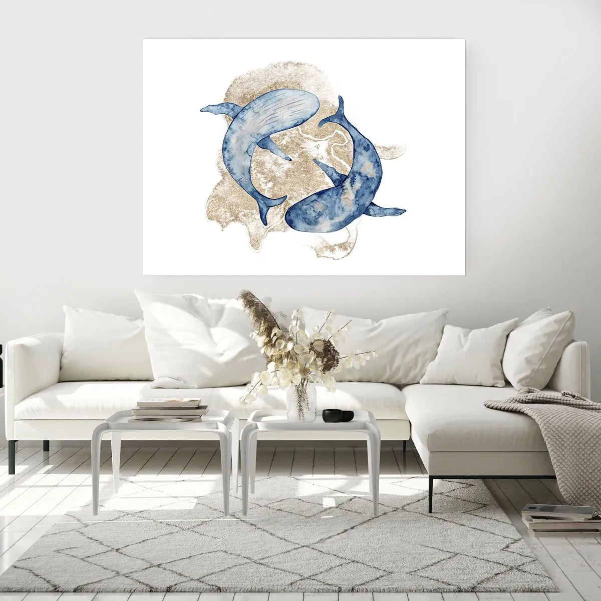Póster - Ballenas azules abstractas sobre un fondo claro - 100x70cm - ¿Amistad o amor? - Decoración de pared moderna para salón y dormitorio ARTTOR