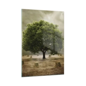 Cuadro sobre vidrio - Impresiones sobre Vidrio - Un árbol verde rodeado de troncos contra un cielo sombrío. - 50x70cm - La esperanza - Decoración de pared moderna para salón y dormitorio ARTTOR