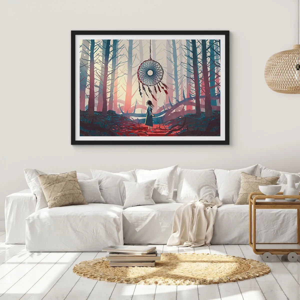 Póster en marco negro - Escena de bosque con un atrapasueños gigante. - 100x70cm - El ritual secreto de la felicidad - Decoración de pared moderna para salón y dormitorio ARTTOR