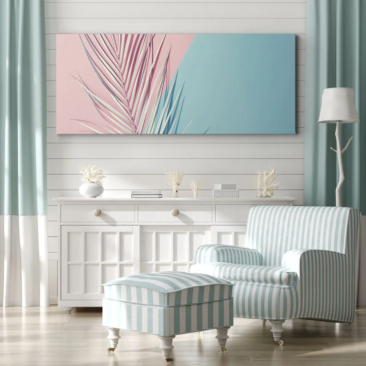 Cuadro sobre lienzo - Impresión de Imagen - Hoja tropical sobre un fondo de tonos pastel de rosa y azul. - 140x50cm - Impresión tropical - Decoración de pared moderna para salón y dormitorio ARTTOR