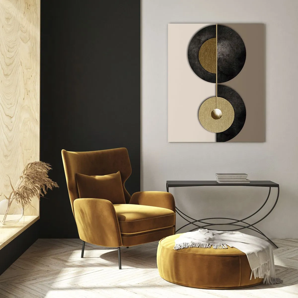 Cuadro sobre vidrio - Impresiones sobre Vidrio - Círculos abstractos en tonos dorados y marrones. - 80x120cm - Variaciones en torno a un círculo - Decoración de pared moderna para salón y dormitorio ARTTOR