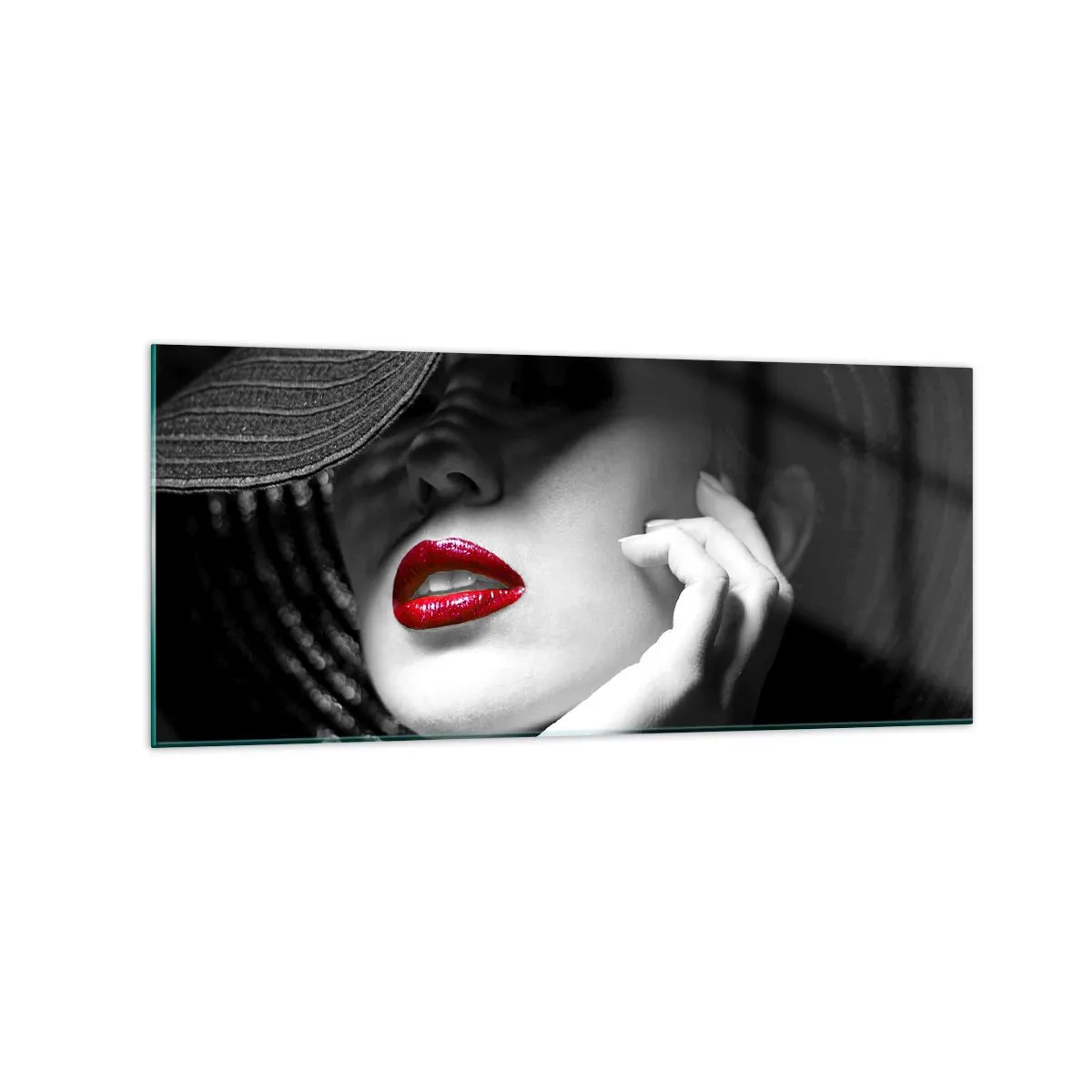 Cuadro sobre vidrio - Impresiones sobre Vidrio - Retrato en blanco y negro de una mujer con labios rojos. - 120x50cm - Estudio en escarlata - Decoración de pared moderna para salón y dormitorio ARTTOR