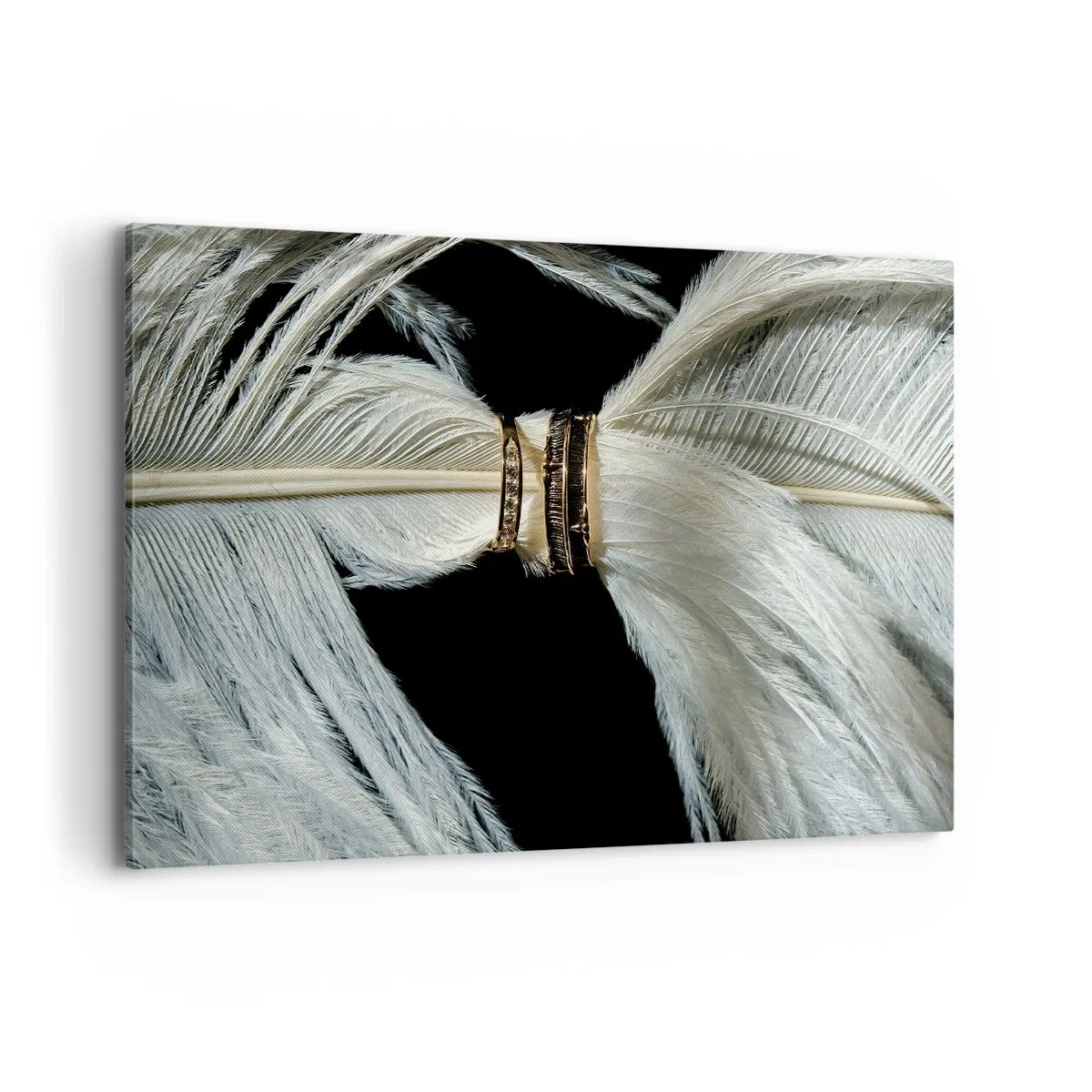 Cuadro sobre lienzo - Impresión de Imagen - Una pluma blanca con dos anillos dorados sobre un fondo negro. - 120x80cm - ...y no te dejaré.... - Decoración de pared moderna para salón y dormitorio ARTTOR