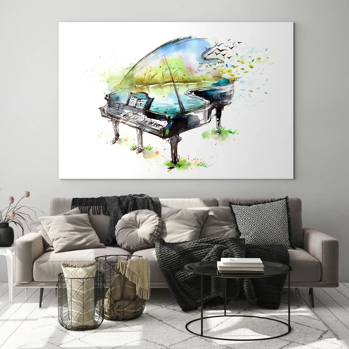 Cuadro sobre vidrio - Impresiones sobre Vidrio - Acuarela de un piano rodeado de naturaleza. - 70x50cm - Encantado con la música - Decoración de pared moderna para salón y dormitorio ARTTOR