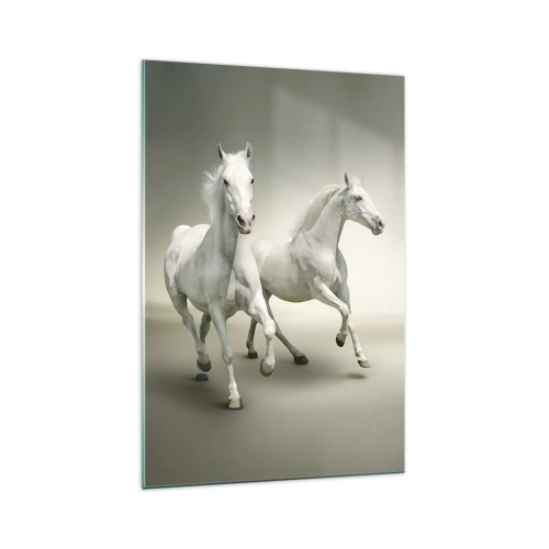 Cuadro sobre vidrio - Impresiones sobre Vidrio - Dos caballos blancos galopando sobre un fondo claro - 70x100cm - ¡Poder blanco! - Decoración de pared moderna para salón y dormitorio ARTTOR