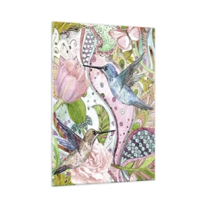 Cuadro sobre vidrio - Impresiones sobre Vidrio - Colibríes coloridos entre flores y mariposas. - 50x70cm - Enredado en las vides - Decoración de pared moderna para salón y dormitorio ARTTOR