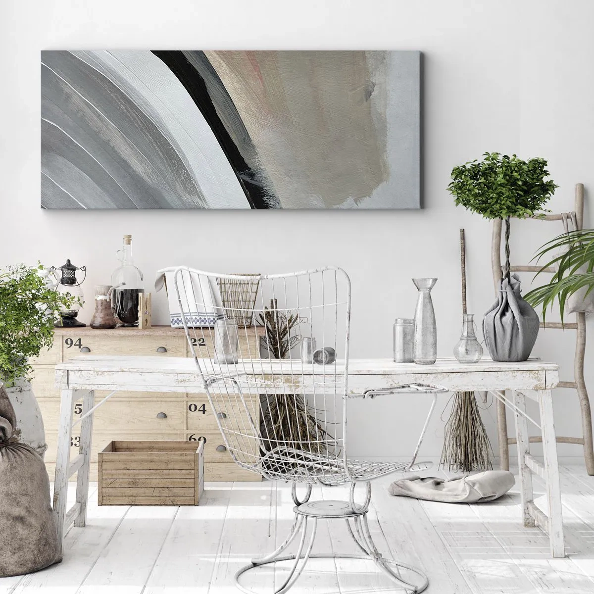 Cuadro sobre lienzo - Impresión de Imagen - Arco abstracto en tonos negro, gris y beige. - 140x50cm - Composición: un arco negro y gris - Decoración de pared moderna para salón y dormitorio ARTTOR