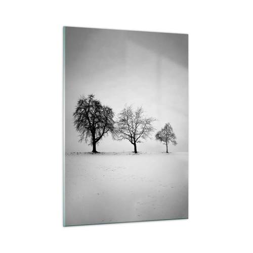 Cuadro sobre vidrio - Impresiones sobre Vidrio - Tres árboles solitarios en una zona cubierta de nieve. - 50x70cm - ¿Con qué sueñan? - Decoración de pared moderna para salón y dormitorio ARTTOR