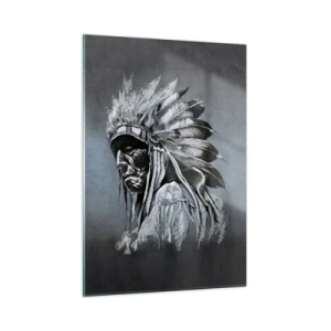 Cuadro sobre vidrio - Impresiones sobre Vidrio - Retrato de un hombre con un tocado de plumas sobre un fondo gris oscuro. - 50x70cm - Regreso a las raíces - Decoración de pared moderna para salón y dormitorio ARTTOR