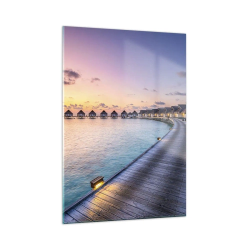 Cuadro sobre vidrio - Impresiones sobre Vidrio - Muelle de madera que conduce a cabañas de lujo frente al mar al atardecer - 50x70cm - Vacaciones - volver al origen - Decoración de pared moderna para salón y dormitorio ARTTOR