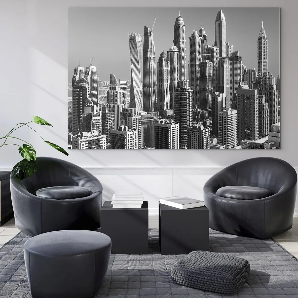 Cuadro sobre vidrio - Impresiones sobre Vidrio - Panorama en blanco y negro de los rascacielos de la ciudad - 120x80cm - Ciudad sobre el desierto - Decoración de pared moderna para salón y dormitorio ARTTOR
