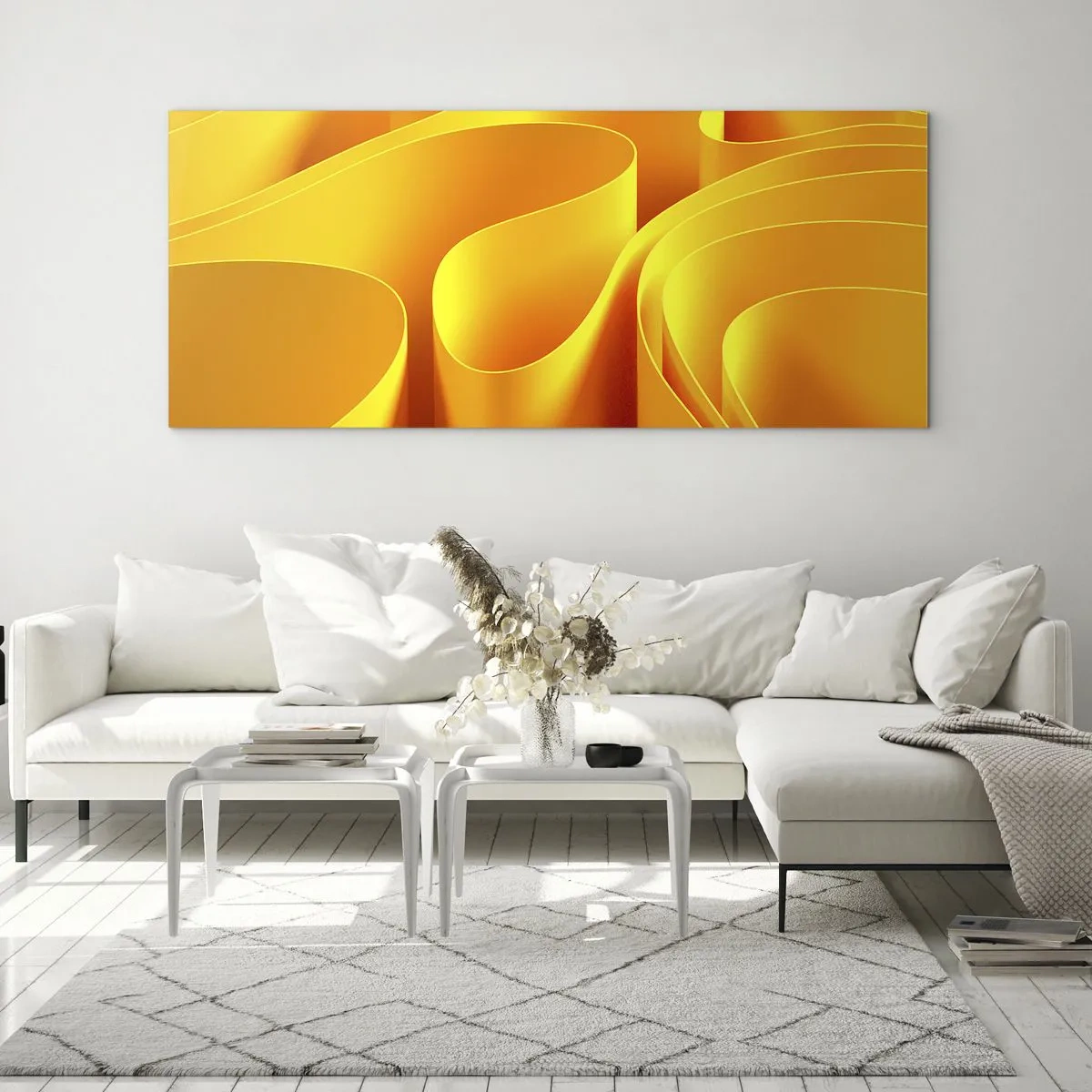 Cuadro sobre vidrio - Impresiones sobre Vidrio - Ondas abstractas amarillas que se asemejan a los rayos del sol - 140x50cm - Como las olas del sol - Decoración de pared moderna para salón y dormitorio ARTTOR