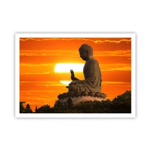 Póster - Una estatua budista con el telón de fondo de una puesta de sol naranja. - 100x70cm - Sin miedo al mundo - Decoración de pared moderna para salón y dormitorio ARTTOR