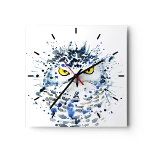 Reloj de pared - Reloj de vidrio - Retrato abstracto de un búho en colores azul y amarillo. - 30x30cm - Directo a los ojos - Decoración de pared moderna para salón y dormitorio ARTTOR