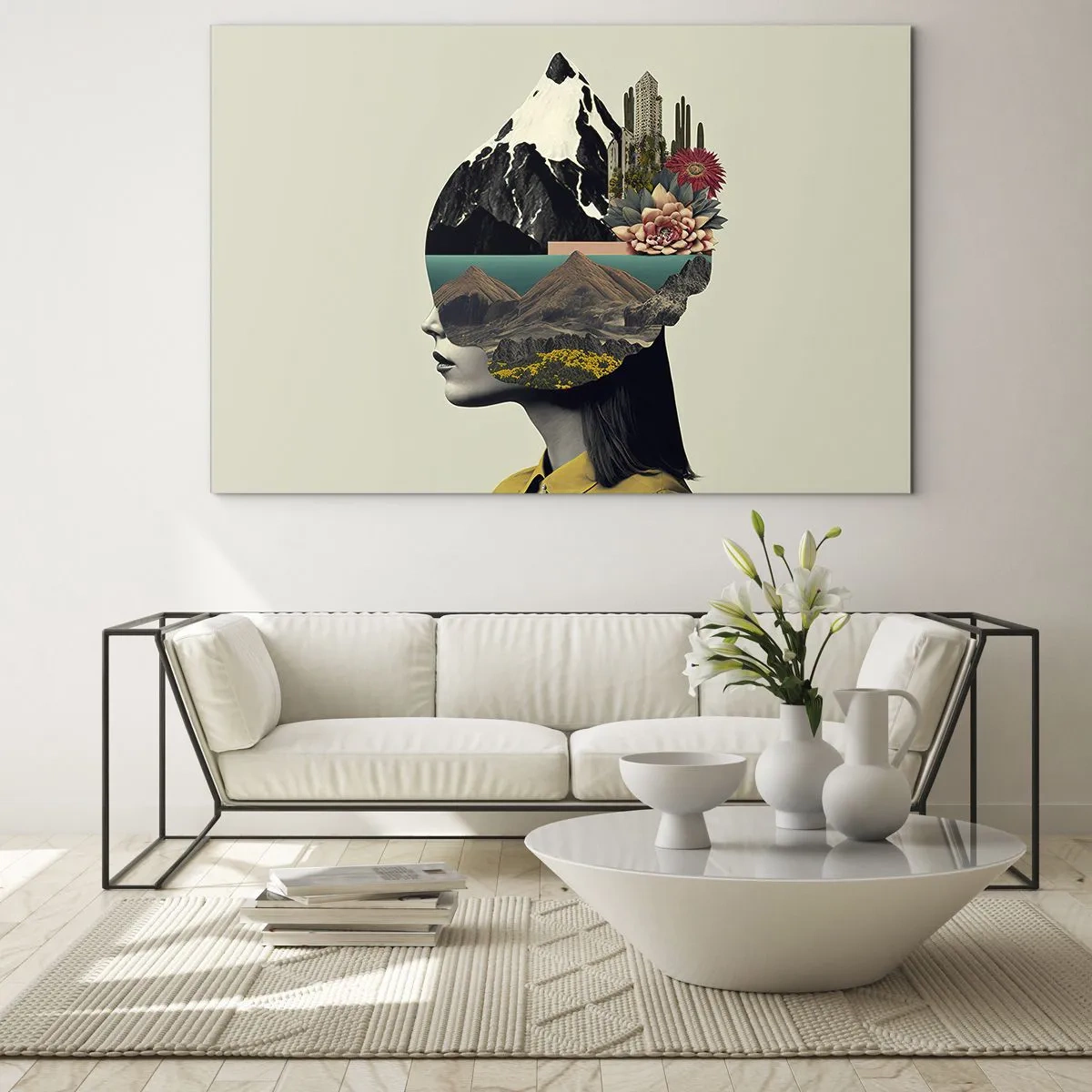 Cuadro sobre vidrio - Impresiones sobre Vidrio - Silueta de una mujer con un paisaje de montaña y flora en su cabeza. - 70x50cm - La mujer, siempre un misterio - Decoración de pared moderna para salón y dormitorio ARTTOR