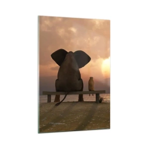 Cuadro sobre vidrio - Impresiones sobre Vidrio - Un elefante y un perro están sentados en un banco en la playa durante el atardecer. - 80x120cm - Es bueno estar en silencio juntos - Decoración de pared moderna para salón y dormitorio ARTTOR