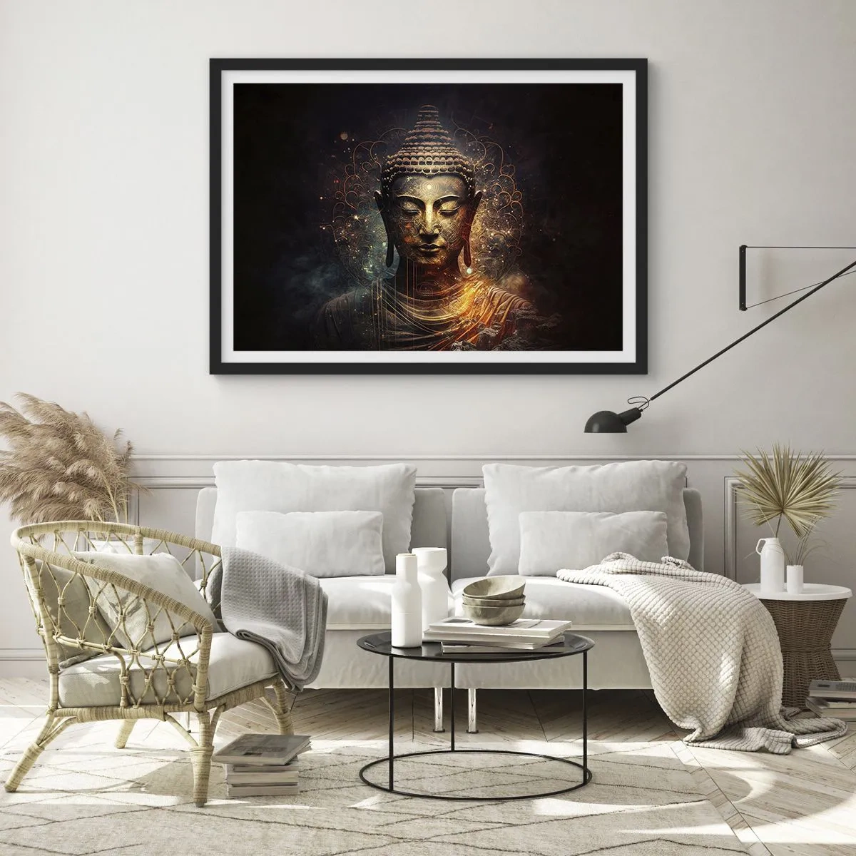 Póster en marco negro - Buda dorado sobre un fondo oscuro con adornos. - 70x50cm - Equilibrio espiritual - Decoración de pared moderna para salón y dormitorio ARTTOR