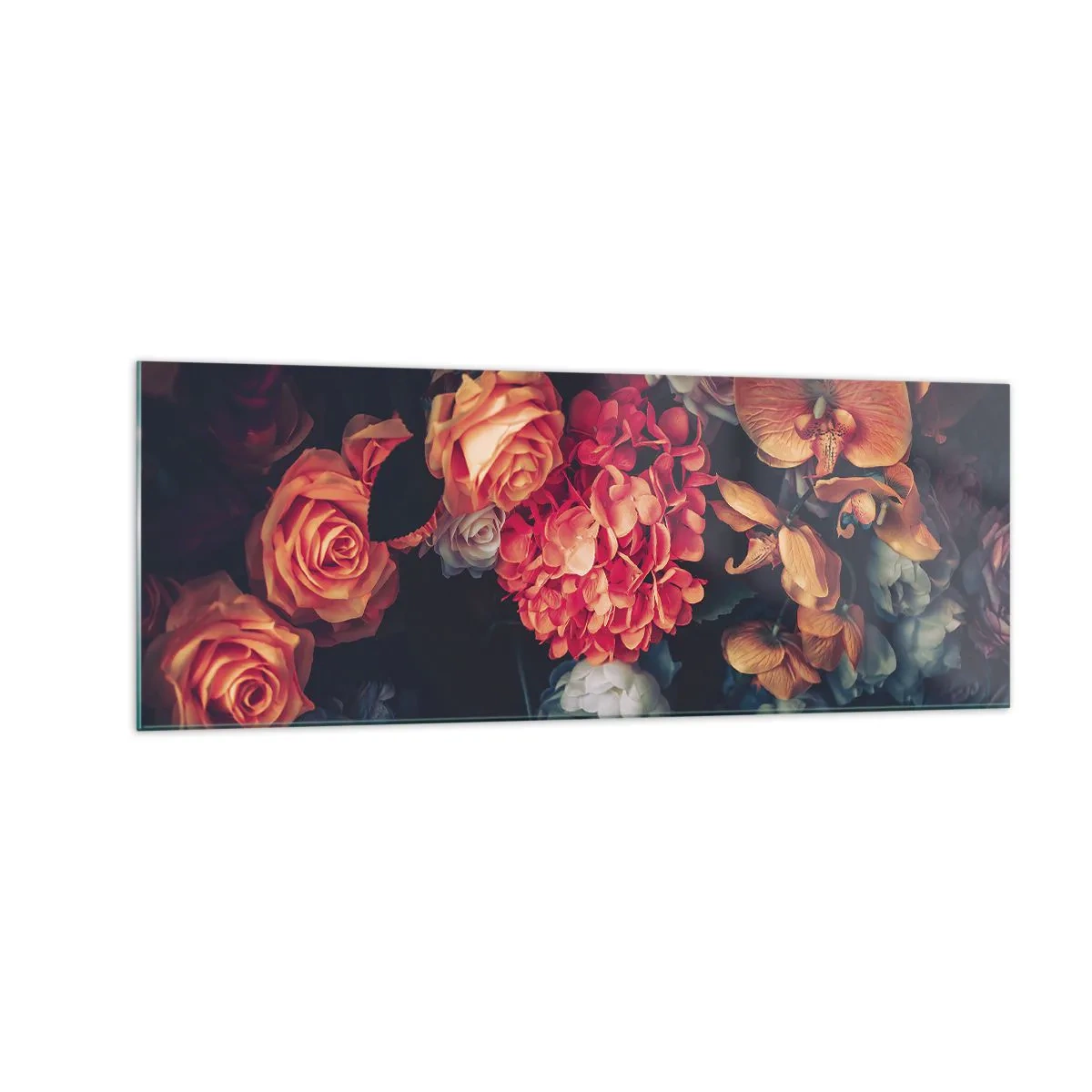 Cuadro sobre vidrio - Impresiones sobre Vidrio - Un ramo de varias flores en tonos oscuros. - 140x50cm - Como los maestros holandeses - Decoración de pared moderna para salón y dormitorio ARTTOR