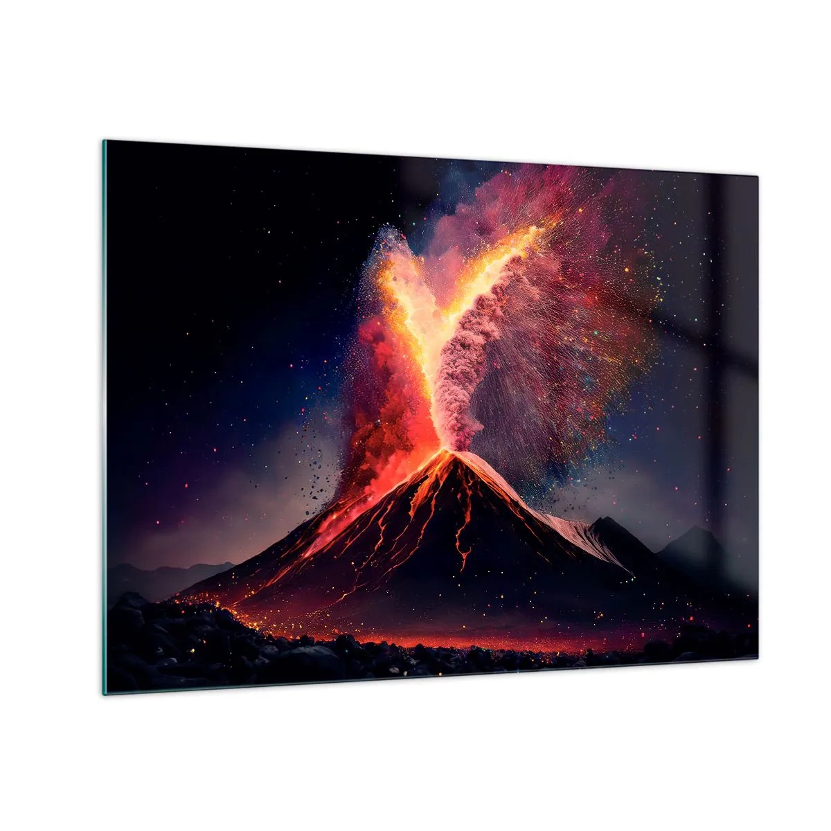 Cuadro sobre vidrio - Impresiones sobre Vidrio - Un volcán en erupción con lava y una nube de polvo colorida. - 70x50cm - Belleza y horror - Decoración de pared moderna para salón y dormitorio ARTTOR