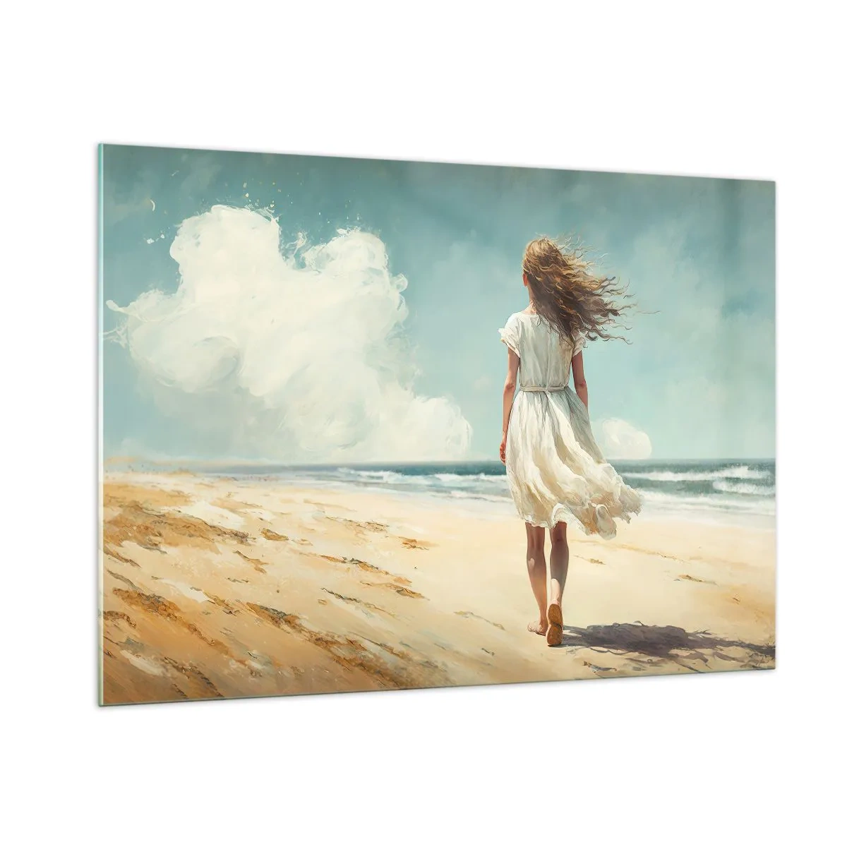 Cuadro sobre vidrio - Impresiones sobre Vidrio - Una mujer con un vestido blanco caminando descalza en una playa soleada. - 100x70cm - Al encuentro del sol y del viento - Decoración de pared moderna para salón y dormitorio ARTTOR