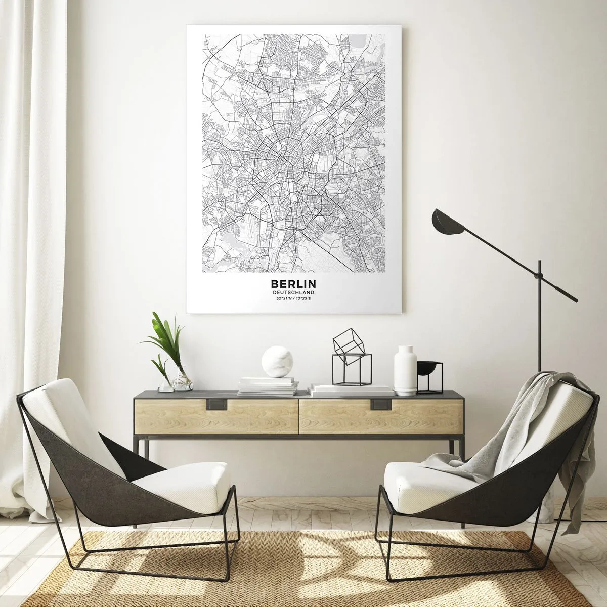 Cuadro sobre vidrio - Impresiones sobre Vidrio - Mapa detallado de la ciudad en blanco y negro - 70x100cm - Flor de Berlín - Decoración de pared moderna para salón y dormitorio ARTTOR