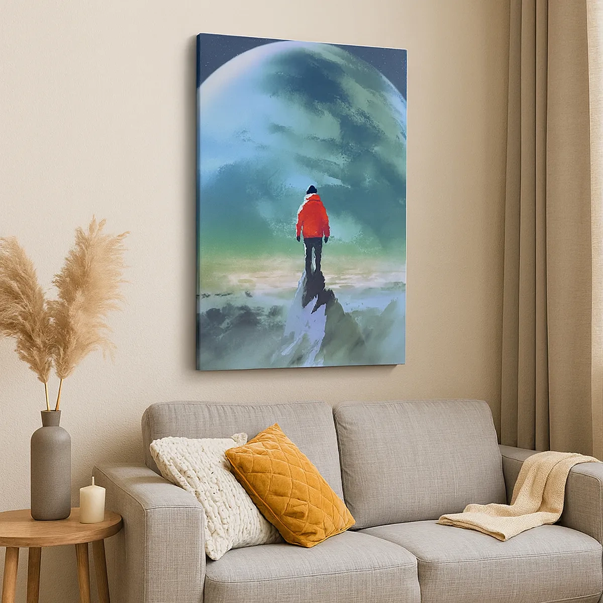 Cuadro sobre lienzo - Impresión de Imagen - Un hombre con una chaqueta roja de pie frente a un gran planeta con estrellas en el fondo. - 50x70cm - Descubridor de una nueva Tierra - Decoración de pared moderna para salón y dormitorio ARTTOR
