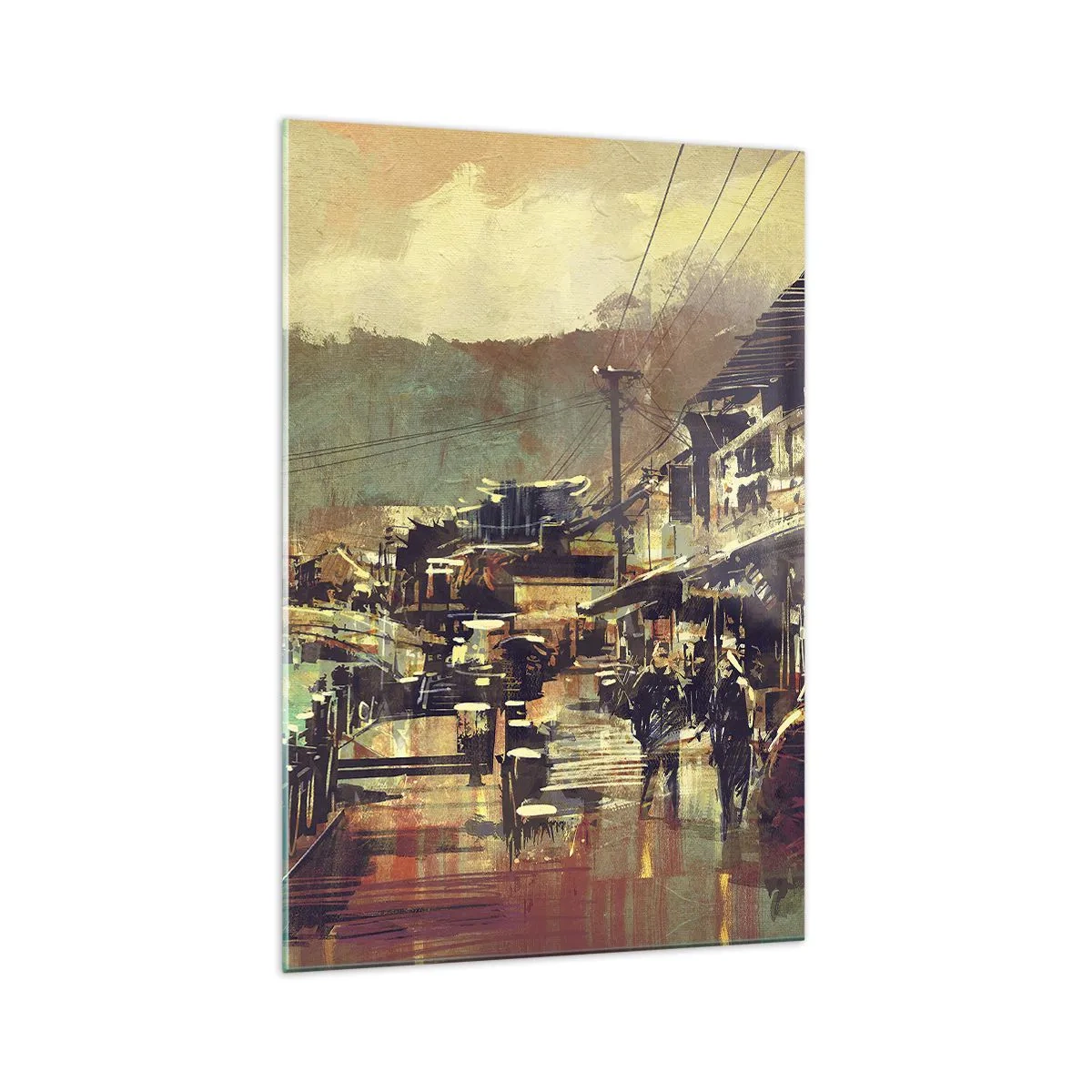 Cuadro sobre vidrio - Impresiones sobre Vidrio - Un pueblo con un puente y calles de estilo artístico. - 70x100cm - La vida como riqueza de grises - Decoración de pared moderna para salón y dormitorio ARTTOR