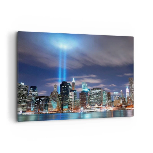 Cuadro sobre lienzo - Impresión de Imagen - Panorama nocturno de la ciudad con dos rayos de luz brillantes en el cielo - 100x70cm - Con luz para alcanzar el cielo - Decoración de pared moderna para salón y dormitorio ARTTOR